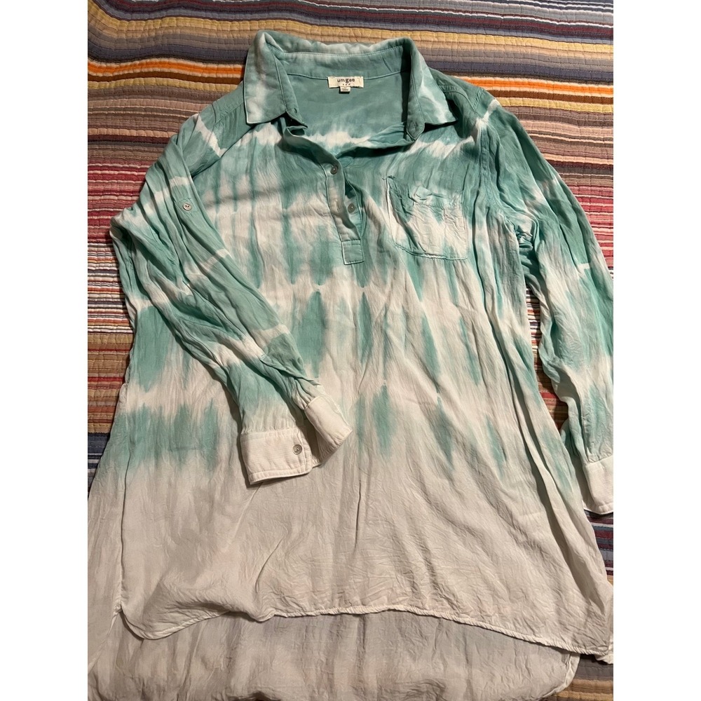 Umgee USA Medium M Tunic Top Shirt Blue‎ White Tie Dye Button Long Sleeve